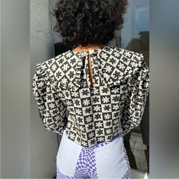 LISA SAYS GAH wendy daisy check black long sleeve blouse victorian size L - Picture 2 of 15